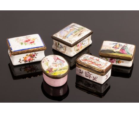 Five South Staffordshire enamel boxes including one with hunting scene to cover, another with gardener watering a plant and a