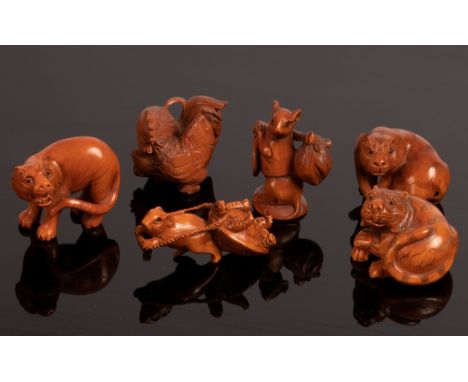 Six Japanese carved boxwood netsuke, 20th Century, depicting tigers, mice etc./Provenance: The Estate of Anthony J Beeson CON
