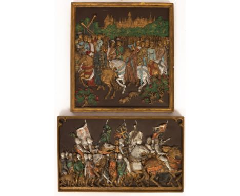 Two ceramic plaques by D H Morton from Marcus Designs depicting scenes from the Battle Of Agincourt 1415, in a raised relief,