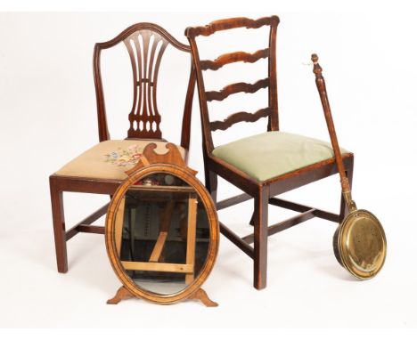 An 18th Century mahogany ladder back chair, a dressing table mirror, a needlework chair and a warming pan CONDITION REPORT: C