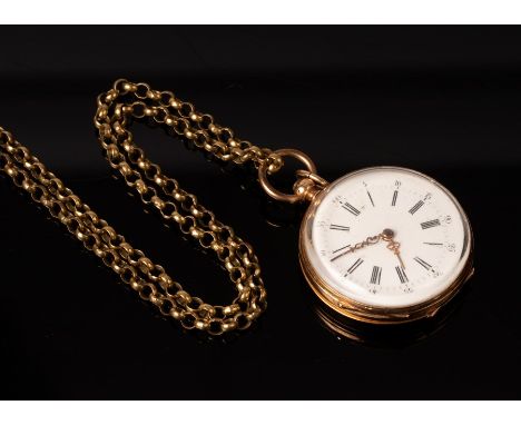 A lady's French gold cased open-faced fob watch, the white enamel dial with Arabic and Roman numerals, the case diameter 32mm