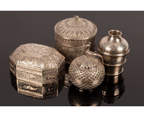 An Egyptian silver spice pot on stand with small ladle and three Eastern white metal boxes, various CONDITION REPORT: Conditi