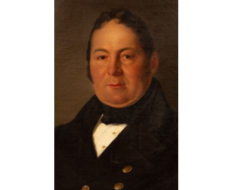 Friedrich Wilhelm Huhn (1821-?)/Portrait of a Gentleman/half-length, wearing a brown coat with brass buttons/oval/oil on canv