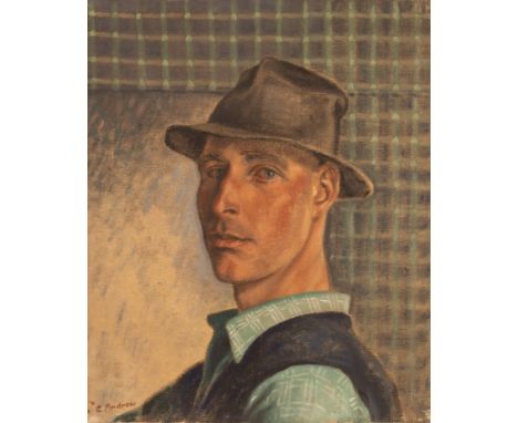 Charles Edwin Andrew (1911-1996)/Portrait of a Man/bust length, wearing a hat/oil on canvas, 62cm x 51cm with still life to b