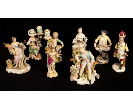 A group of mostly 19th Century porcelain figures to include a Derby figure of girl with a cat on her lap, a pair of Minton ca