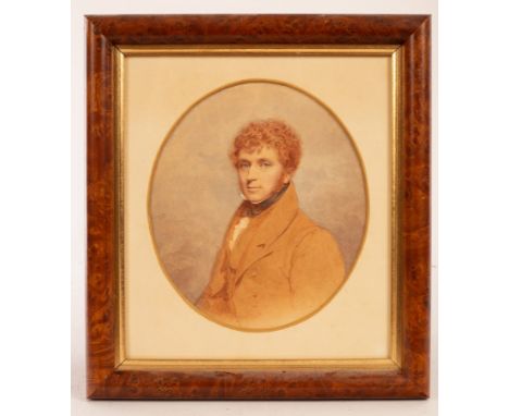 English School, early 19th Century/Portrait of Johnnie Rowlandson/half length, wearing a buff coloured coat/oval/watercolour,