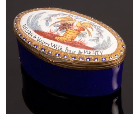 A South Staffordshire oval enamel box, circa 1800, the cover decorated a wreath above a cornucopia and the motto 'Nelson & Vi