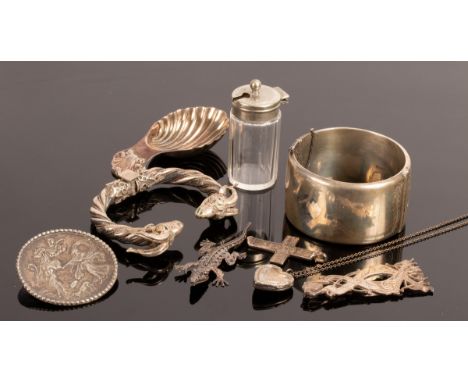 A quantity of silver and white metal including a hinged cuff bangle, QP, Birmingham 1963, a Scottish brooch of Celtic design,