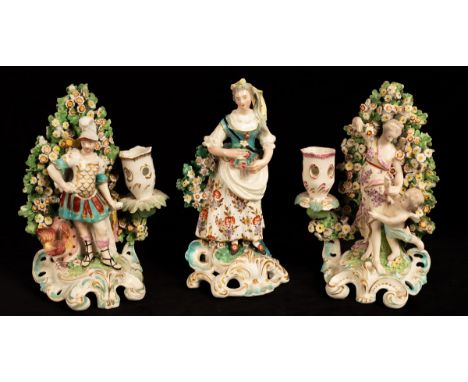 A near pair of Derby candlestick figures of Mars and Venus with Cupid and a figure of a maiden with flowers, circa 1780, he 2
