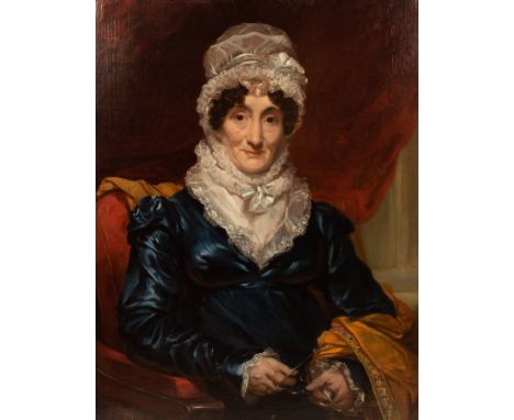 English School, circa 1840/Portrait of a Lady/half-length, wearing a blue dress with a lace collar and bonnet, holding a pair