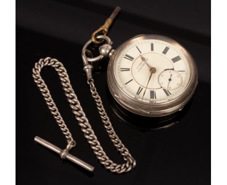 A silver cased open faced pocket watch, H Samuel, Manchester, the white enamel dial with Roman numerals and subsidiary second