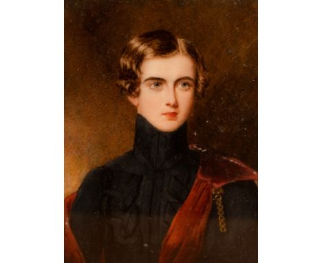 William Egley (1798-1870)/Portrait Miniature of a Young Officer/wearing a black coat and red sash/signed and dated 1834/water