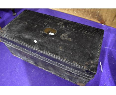 A period travel trunk of lovely design and proportions, having studded exterior and brass name plaque, for M Cartmel, dimensi