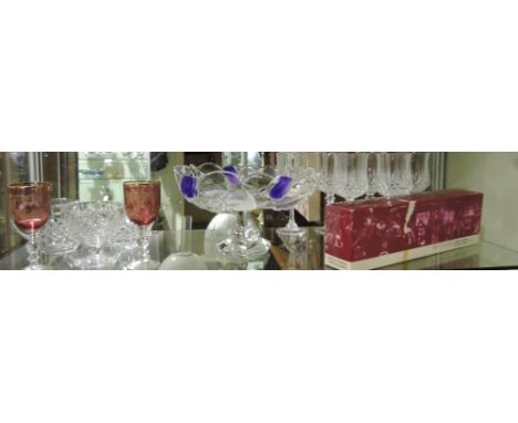 A set of six boxed lead crystal stemmed wine glasses, together with Bohemian cut glass bowl, a pair of ruby wines and three o