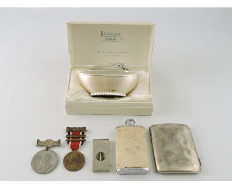 A silver cigarette case, Birmingham 1903, 2.5 ozt, together with a cigar cutter, small hip flask, Ronson table lighter and tw