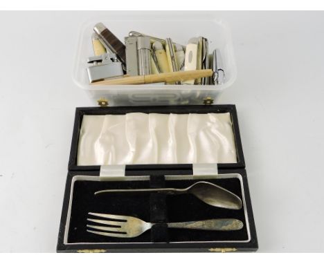 A collection of pocket knives, together with a Ronson lighter and others and a silver plated christening set, (qty)