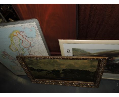 After Constable, framed coloured print, one other Rorkes Drift print and a framed map of Europe.g