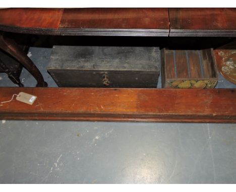 A long Victorian stained pine scientific instrument box, together with a pine trunk and vintage pear crate.