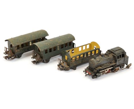 Marklin 3 Rail Locomotive and Carriages set: 0-6-0 tank locomotive with three tinplate coaches, Some loco axles are detached 