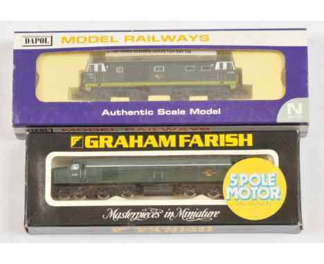 Dapol &amp; Graham Farish N Gauge. Pair of BR Green Diesel Loco's. Comprising Dapol ND-084F D7018 Hymek Two Tone Green, Graha