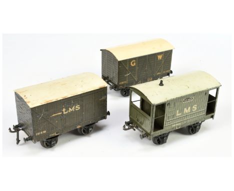 Bassett Lowke O Gauge, Group of 3x Wagons. Comprising LMS Wooden Closed Van 291859 (finish has some splits &amp; has peeled a