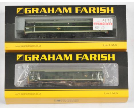 Graham Farish N Gauge. Pair of BR Green Diesel loco's. Comprising 371-085 D5188 Class 25/1, 371-104 D5672 Class 31. Condition