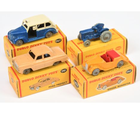 Hornby - Dublo Dinky. Group of 4x Vehicles. Comprising 061 Ford Prefect, 062 Singer Roadster, 067 Austin Taxi, 069 Massey Har