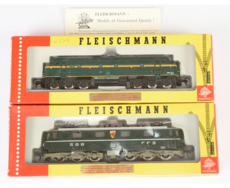 Fleischmann HO Gauge pair of Diesel Locomotives comprising of Ref 4272 Co-Co Diesel Outline Locomotive No. 5204, green/yellow