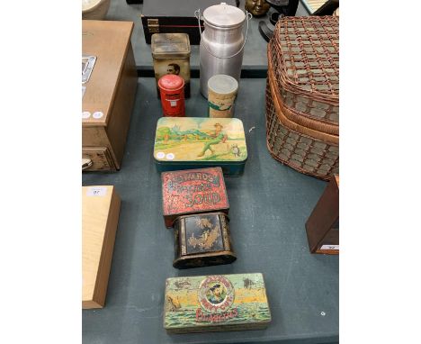 A SELECTION OF VINTAGE TINS TO INCLUDE A SMALL MILK CHURN TYPE VESSEL 