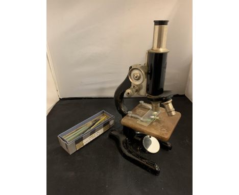 A VINTAGE 'PRIOR LONDON' MICROSCOPE TO INCLUDE A BOX OF VINTAGE SLIDES 