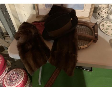 A VINTAGE TENNIS RACKET, A DUNN &amp; CO TRILBY AND A FUR STOLE 