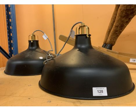 A PAIR OF BLACK METAL HANGING CEILING LIGHT SHADES 