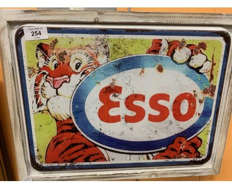 A VINTAGE STYLE METAL FRAMED 'ESSO TIGER' COMIC WALL ART PICTURE 44CMS X 34CMS 