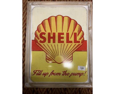 A VINTAGE STYLE METAL FRAMED 'SHELL' PETROL WALL ART PICTURE 44CM X 34CM 