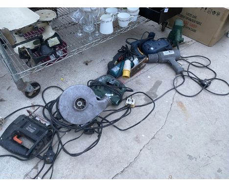 A LARGE QUANTITY OF POWER TOOLS TO INCLUDE THREE JIGSAWS, A SANDER AND A HEAT GUN ETC 