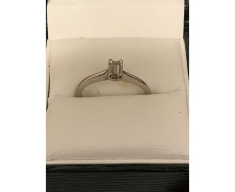 A PLATINUM EMERALD CUT DIAMOND SOLITAIRE RING 0.43 CARAT CLARITY: VS1 COLOUR: K SIZE: O 