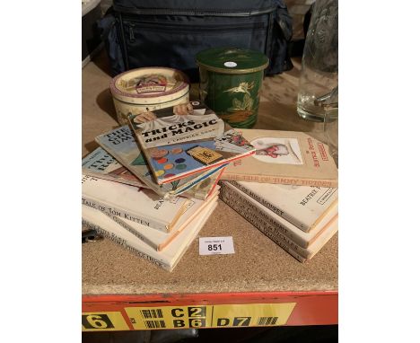 TWO VINTAGE TINS AND VINTAGE CHILDREN'S BOOKS TO INCLUDE BEATRIX POTTER HARD BACKS AND THREE EXAMPLES OF EARLY LADYBIRD BOOKS
