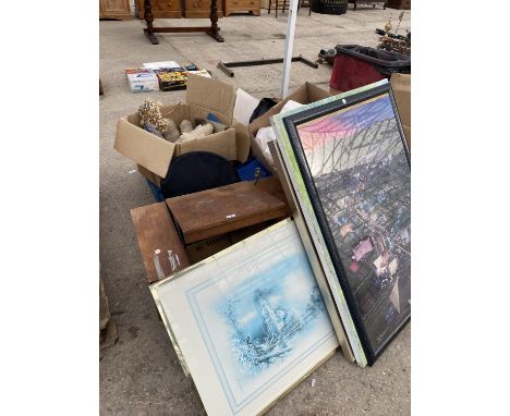 A LARGE QUANTITY OF HOUSEHOLD CLEARENCE ITEMS TO INCLUDE A RECORD PLAYER AND PRINTS AND PICTURES 