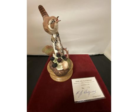 A WEDGEWOOD WREN AND BLACKBERRIES MODIFIED BY R ROBERTS IN FINE ENGLISH BONE CHINA LIMITED EDITION 178/250 WITH COA SIGNED BY