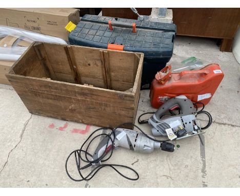 AN ASSORTMENT OF ITEMS TO INCLUDE A VINTAGE PETROL CAN, POWER TOOLS AND TOOL BOXES ETC 