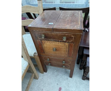 A REGENCY MAHOGANY AND INLAID WASHSTAND COMMODE WITH PULL-UP VANITY MIRROR WITH ENAMEL BASIN BUT LACKING CERAMIC POT 