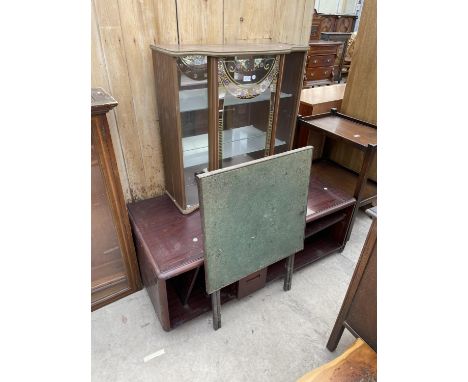 A 1960'S RETRO CHINA CABINET (LACKING LEGS), A TV/VIDEO STAND, A CARD TABLE AND A MODERN BEDSIDE CABINET 