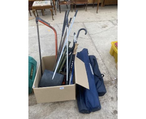 AN ASSORTMENT OF ITEMS TO INCLUDE FOLD OUT CAMPING CHAIRS, WALKING STICK AND GOLF CLUBS ETC 