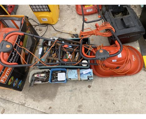 AN ASSORTMENT OF TOOLS TO INCLUDE A FLYMO MICROLITE, A FOOT PUMP AND SPANNERS ETC 