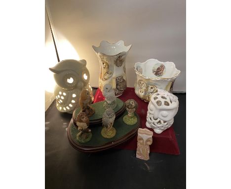 VARIOUS OWL COLLECTION ITEMS TO INLCUDE A LIGHT, A VASE, PLANT POT, FIVE OWLS ON A WOODEN PLINTH AND A SANDSTONE EXAMPLE 