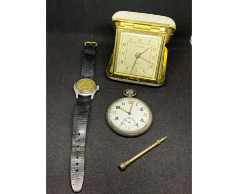 A VINTAGE ANCRE WRISTWATCH, A PROPELLING PENCIL, A EUROPA TRAVEL CLOCK AND A POCKET WATCH 