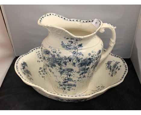 A VINTAGE 'CRYSANTHEMUM' BLUE AND WHITE WASH JUG AND BOWL (RIM A/F) 