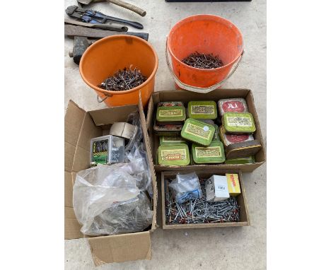 A LARGE QUANTITY OF ASSORTED NAILS AND HARDWARE TO ALSO INCLUDE VINTAGE TOBBACO TINS 