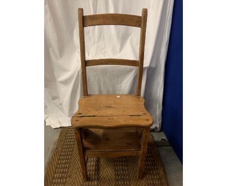 A VINTAGE WOODEN  LIBRARY STEPS AND CHAIR 