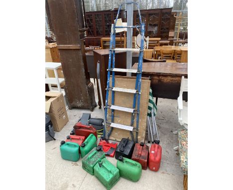 AN ASSORTMENT OF ITEMS TO INCLUDE A FIVE RUNG METAL STEP LADDER, NINE PLASTIC PETROL CANS AND A FURTHER VINTAGE FUEL CAN ETC 